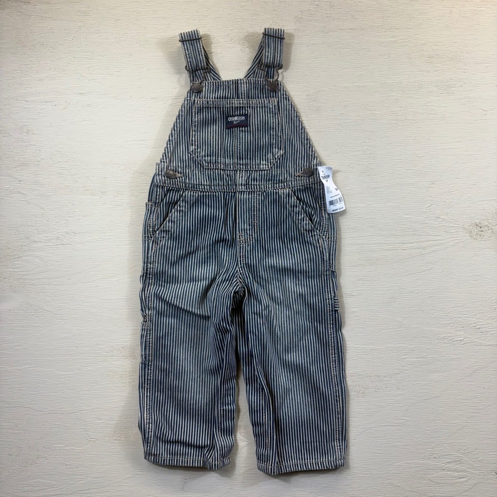 OshKosh Bgosh Boys 18M Hickory Stripe Railroad Denim Overalls Blue White NEW